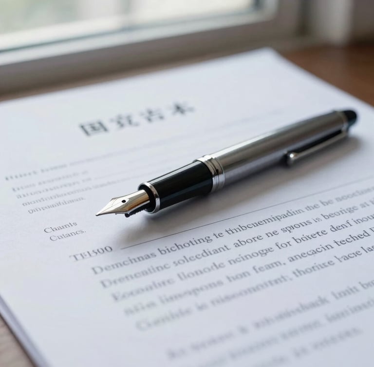 Close-up of a fountain pen resting on official legal documents, bright natural window light, professional corporate photography