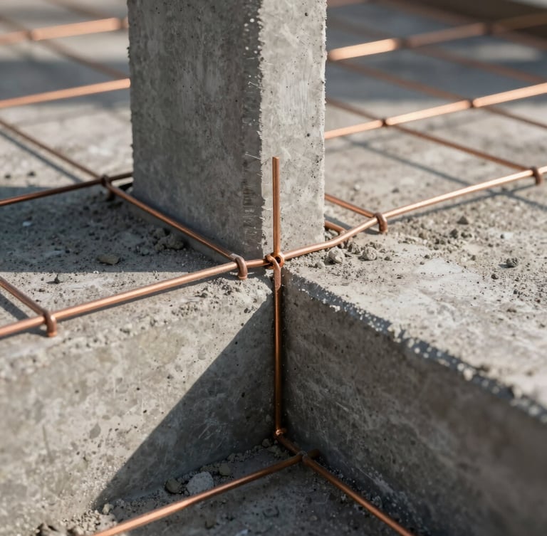 A close-up shot of a structural foundation joint being sealed with heavy-gauge copper mesh, high-contrast early morning daylight casting sharp shadows on concrete, technical precision.