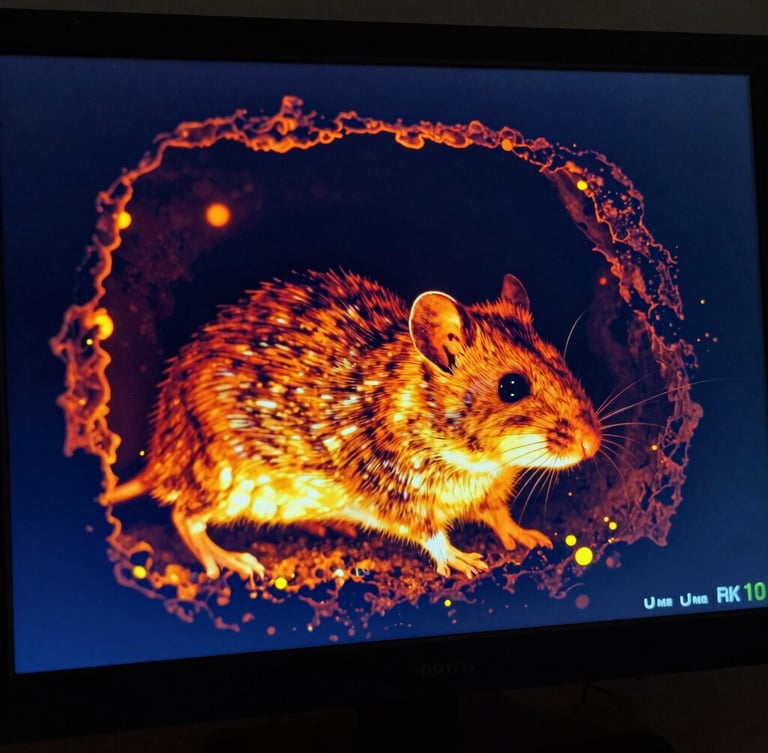 High-contrast thermal imaging screen showing heat signatures of rodents inside a wall cavity, sharp orange and yellow hot spots against dark blue background, technical overlays.