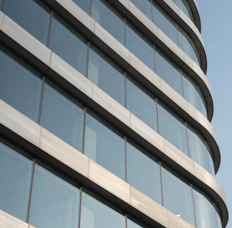 Macro detail of brushed metal and structural glass of a modern corporate headquarters in Riyadh, sharp crisp daylight.