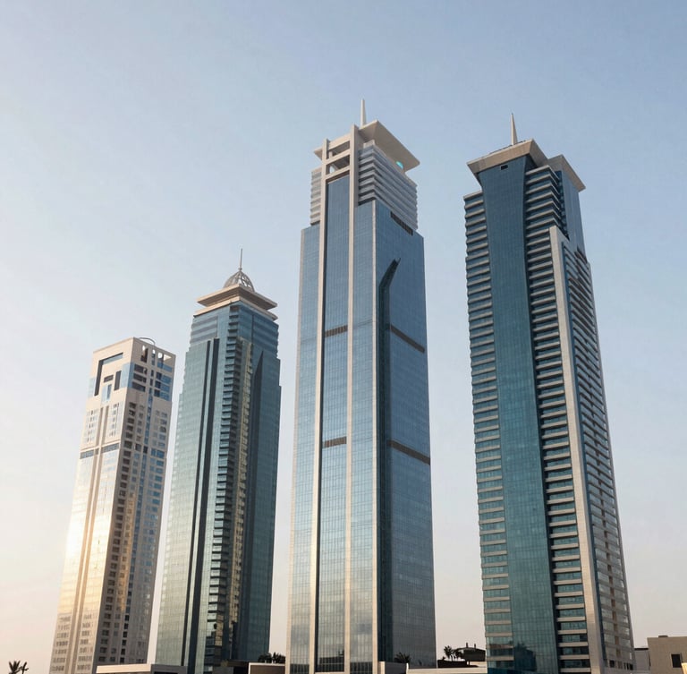 Wide high-altitude architectural shot of Riyadh financial district skyscrapers under bright crisp natural daylight, clean structural glass and steel, negative space on the left