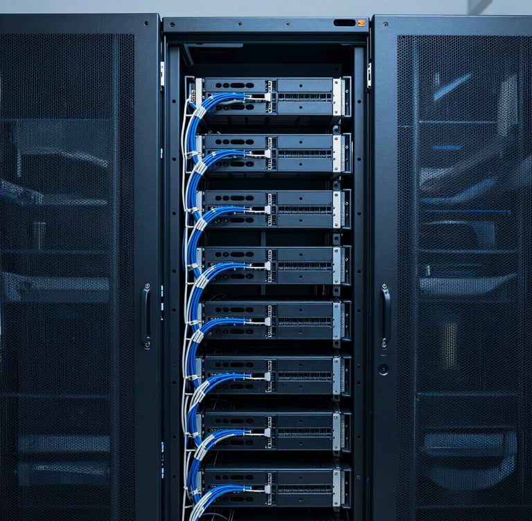 Straight-on architectural crop of clean server racks, immaculate cable management, deep tech blue and charcoal tones, cool daylight, high contrast, 50mm lens