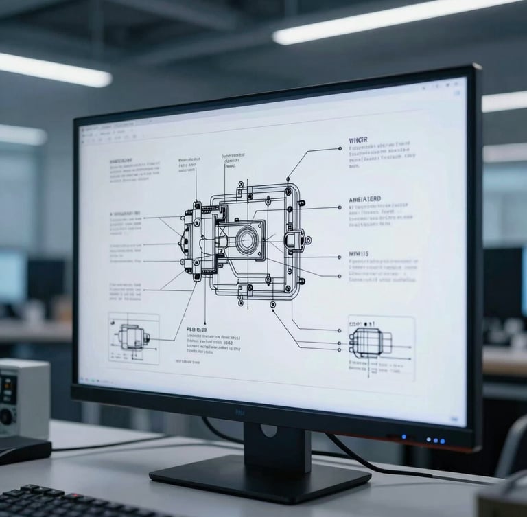 Close-up of technical schematics on a clean screen inside a modern, organized engineering workspace, cool industrial daylight