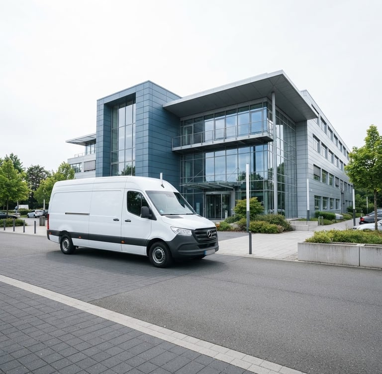Wide environmental shot of a clean Norus delivery vehicle parked outside a modern steel-framed corporate headquarters, bright overcast daylight, sharp focus