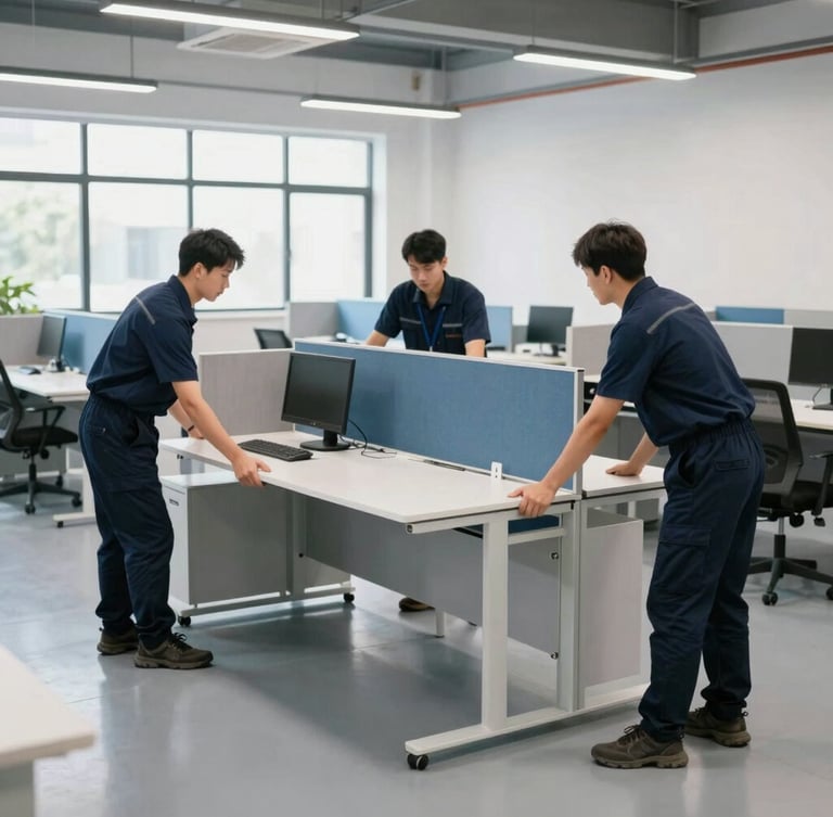 Medium shot of professional office furniture installers in dark blue uniforms leveling a modular workstation desk in a bright, modern commercial office space, natural daylight.