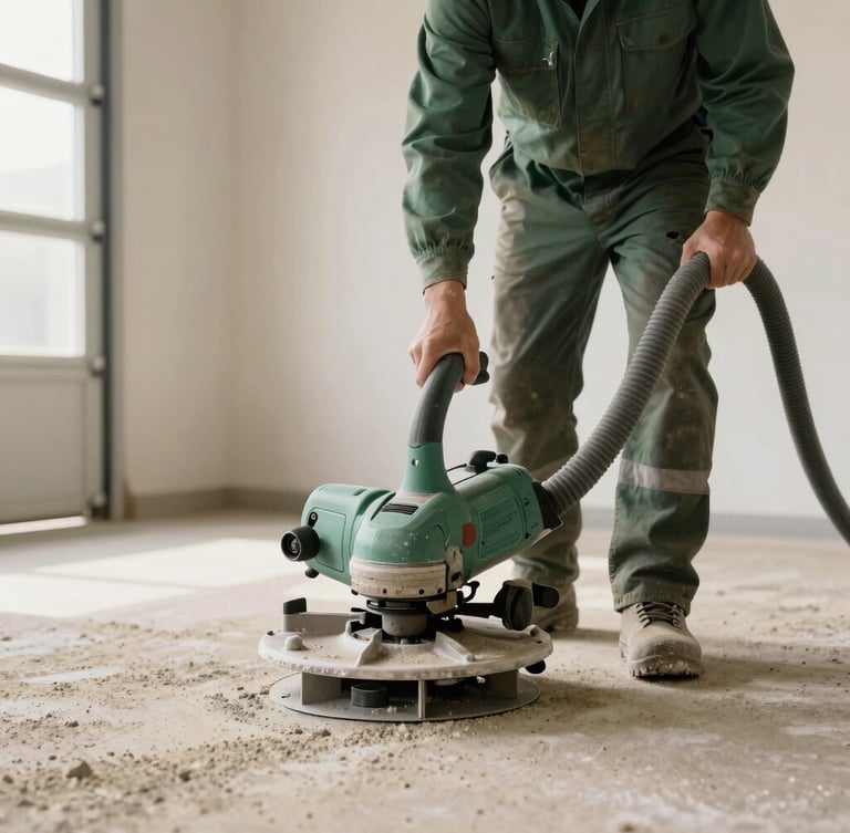 A technician operating a heavy-duty walk-behind concrete diamond grinder, dust-free vacuum hose attached, soft natural light, clean garage interior, professional execution.