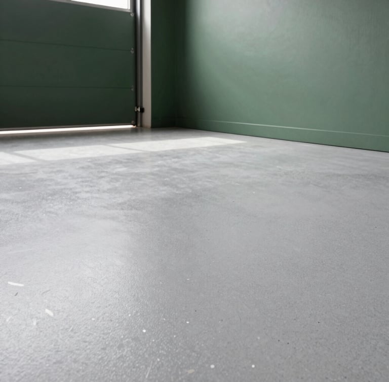 Low-angle architectural shot of a modern Scandinavian garage, pristine finished grey epoxy floor with subtle white and black flakes, soft natural light pouring from open door, matte forest green accents.