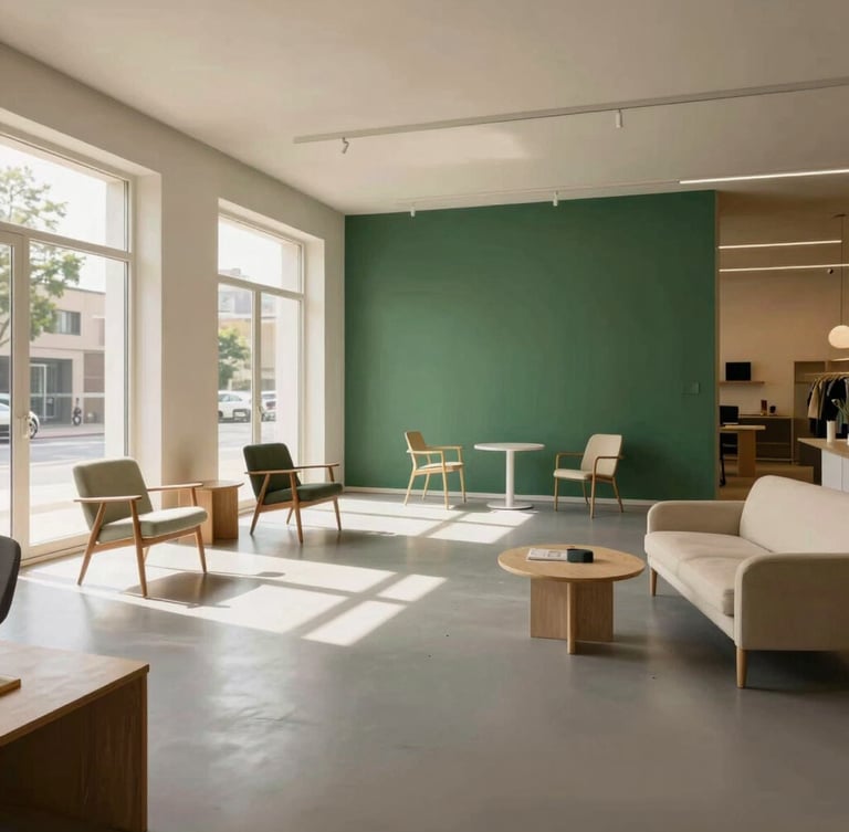 Wide-angle architectural shot of a modern, sunlit commercial showroom with a seamless matte gray epoxy floor, minimalist Scandinavian furniture, soft daylight streaming from large windows, 35mm lens.
