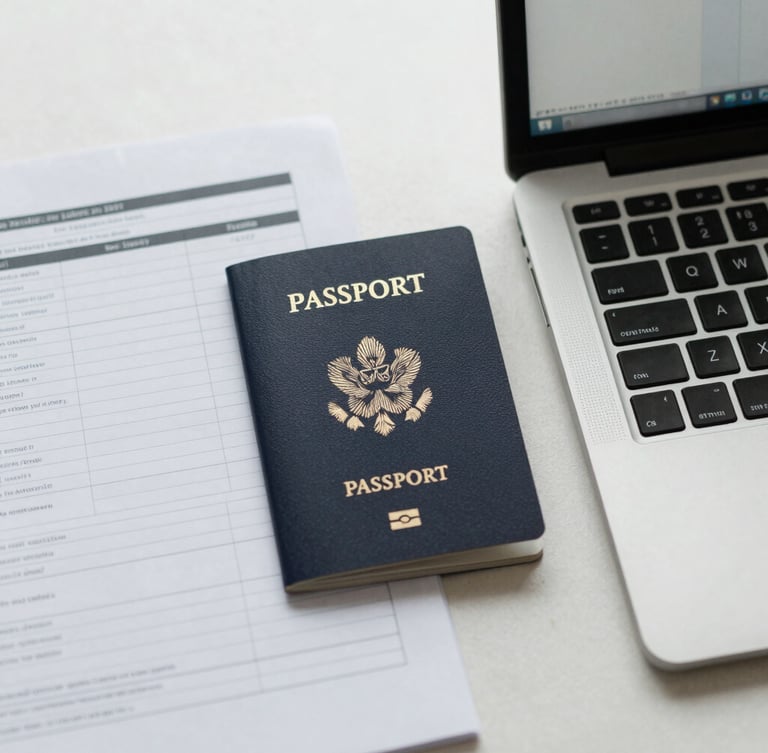 Overhead flat-lay of organized travel documents, a passport, a clean laptop displaying structured files, soft overcast daylight, muted navy tones