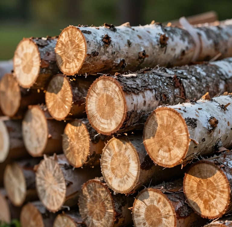 Macro shot of kiln-dried birch logs stacked neatly, showing crisp edges and clean bark, soft golden-hour light