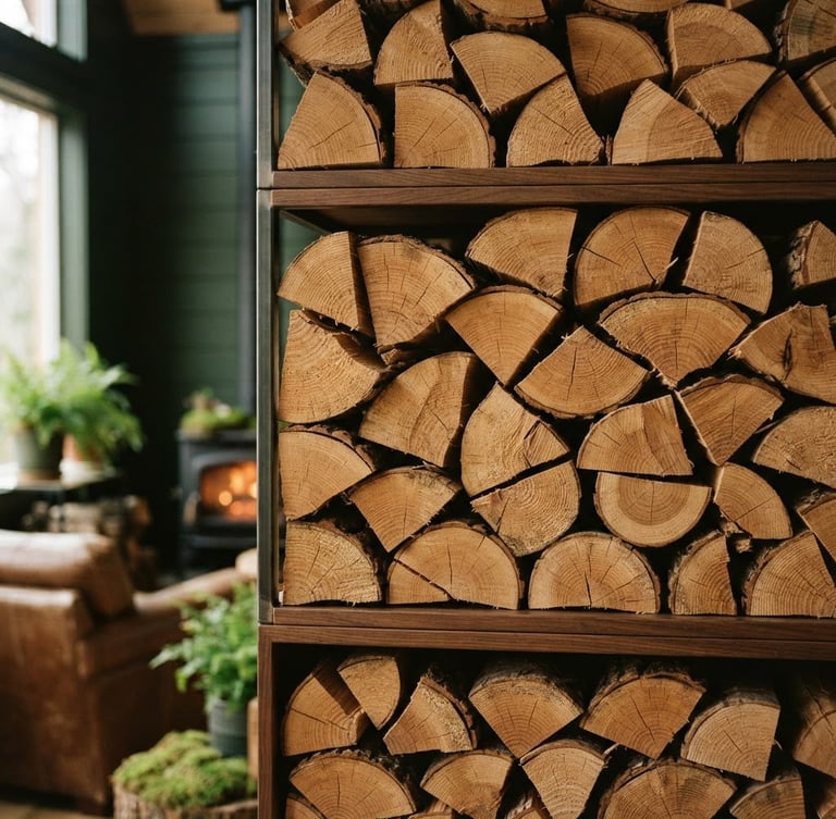 Warm editorial photography of clean-cut, kiln-dried oak logs neatly stacked in a modern wood storage, soft natural daylight, rich forest green tones, shallow depth of field, 35mm.