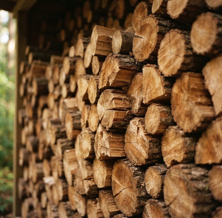 Straight-on, structured composition of clean-cut, neatly stacked oak logs showing dry wood grain and texture, warm natural daylight, shallow depth of field