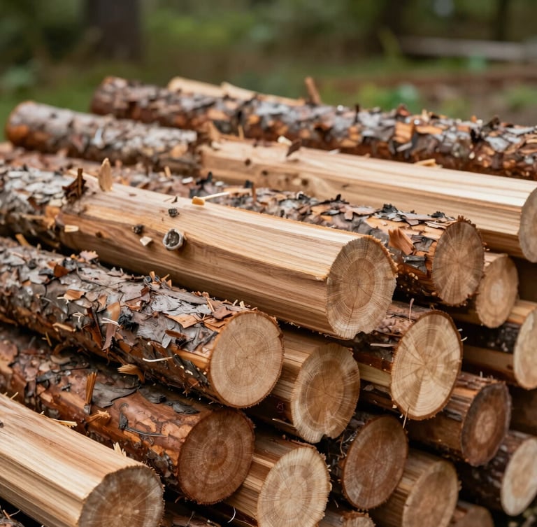 Close-up of clean-cut, neatly stacked kiln-dried oak logs showing dry grain texture, soft natural daylight, shallow depth of field, premium wood yard