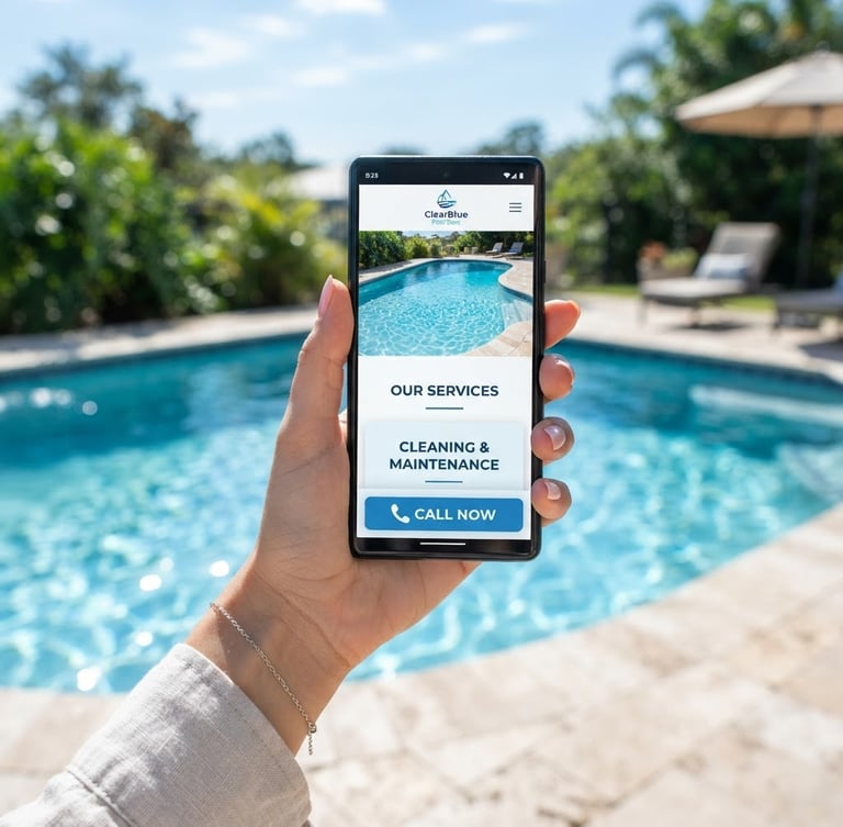 A hand holding a smartphone displaying a clean pool service website with a prominent click-to-call button, sparkling blue swimming pool in the background, bright midday sunlight.