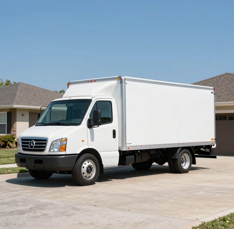 A modern white service truck with clean branding parked in a neat suburban driveway, bright clear-sky daylight, professional composition.