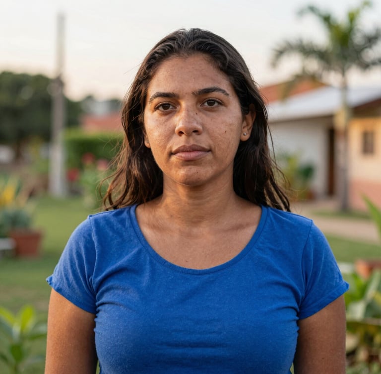 A powerful portrait of a Brazilian woman looking forward with confidence, warm natural golden hour light, soft background of a community garden, 35mm editorial photography