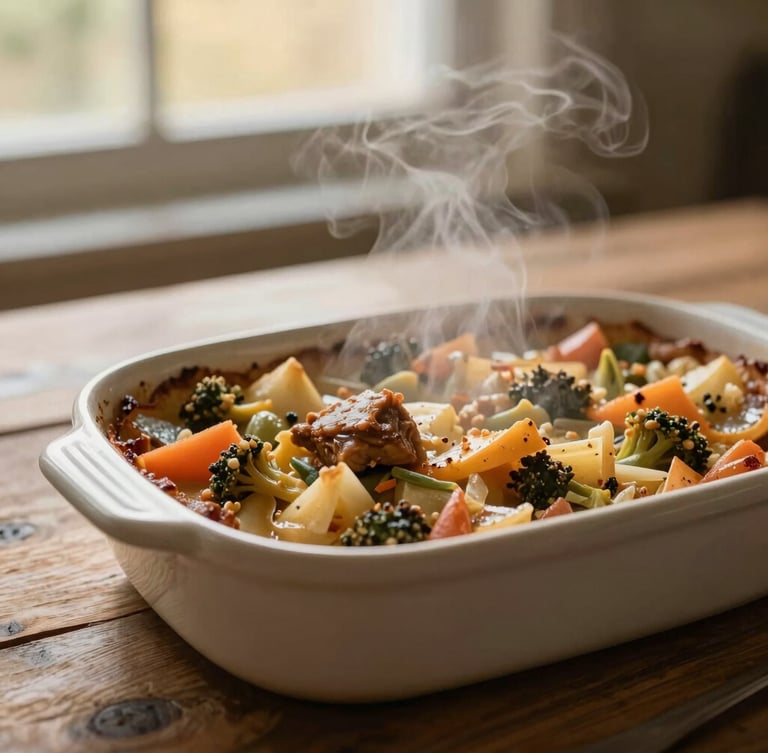 Close-up details of steam rising from a hearty continental vegetable bake on a rustic wooden table, soft natural depth of field, warm earthy tones.