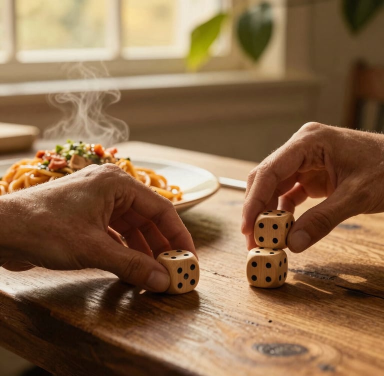 Close-up editorial shot of hands rolling wooden dice on a rustic oak table, steam rising from a nearby continental pasta plate, warm golden-hour window light filtering through green leaves, 35mm film.