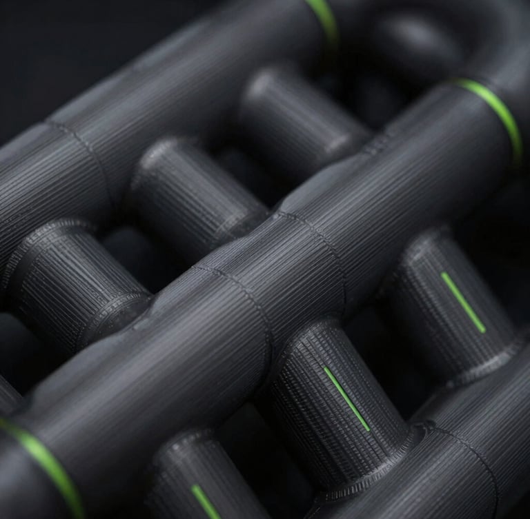Macro shot of a functional 3D printed automotive manifold showing precise layer lines, low-key dramatic studio lighting.