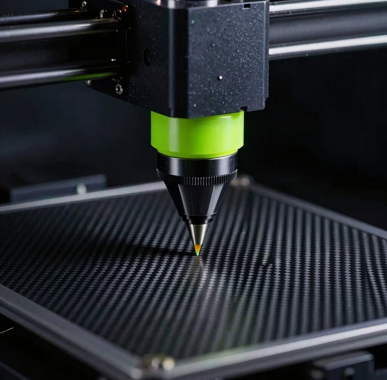 Macro lens close-up of a dual-extrusion industrial 3D printer nozzle depositing carbon-fiber filament on a heated vacuum bed, low-key dramatic studio lighting