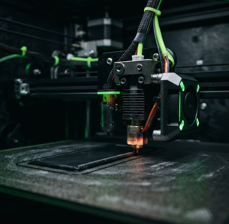 Macro shot of a high-tolerance industrial FDM 3D printer nozzle extruding black carbon-fiber filament with precision, low-key dramatic studio lighting, neon green accents, technical dark background
