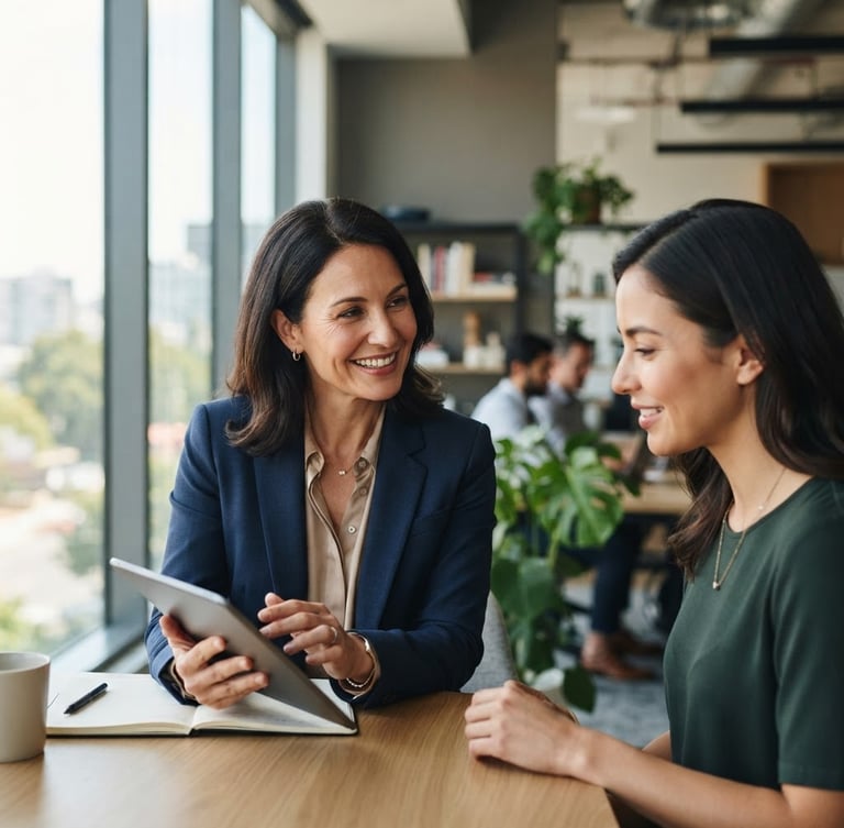 Profesional coach wanita tersenyum, memegang tablet, berinteraksi dengan klien di kantor modern yang cerah, cahaya alami lembut dari jendela, perspektif medium close-up, shallow depth of field.