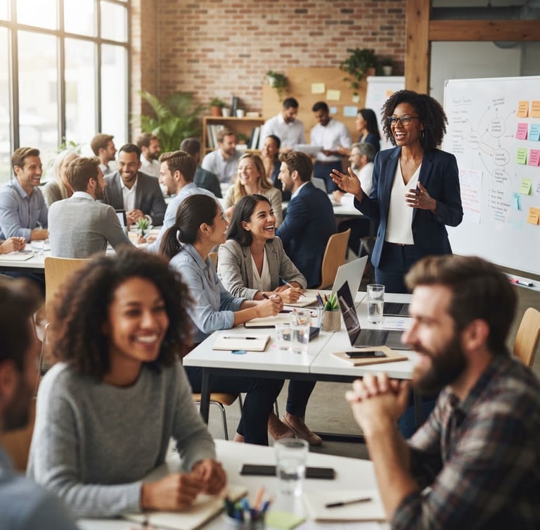 Energetic corporate training session with a diverse group of professionals engaged in an interactive workshop, facilitator leading, natural window light, soft focus on participants in the foreground, professional and warm atmosphere.