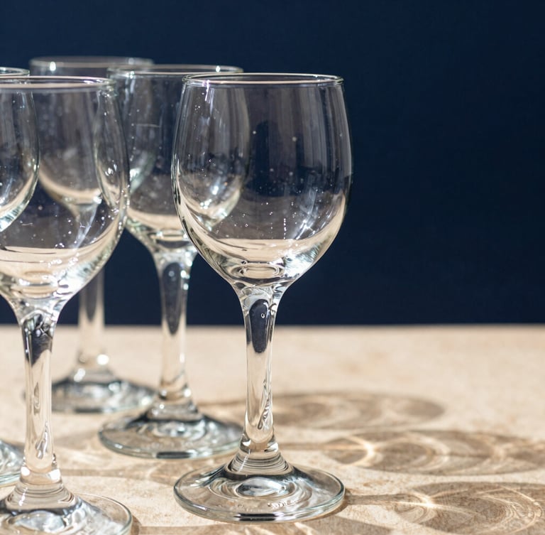 Sharp close-up of a stack of clear Duralex glassware catching bright natural daylight, showing the authentic 'Made in France' stamp on the bottom, deep navy background.