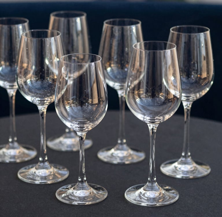 Elegant ARC stemware arranged on a dark table, sharp high-contrast reflections on the glass under focused spotlighting.