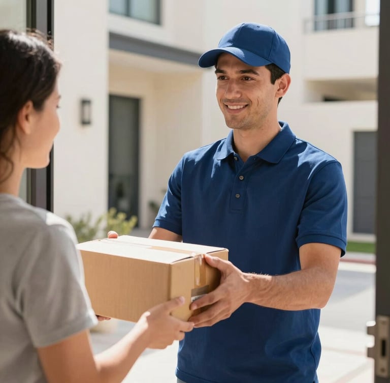 Close-up of a professional courier in a clean navy blue uniform handing over a secure package to a customer at a modern Dubai residential doorstep, bright natural daylight, warm friendly interaction