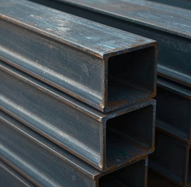 Cinematic close-up of stacked heavy-gauge structural steel beams, cold metallic tones, dramatic side-lighting with deep shadows, 35mm industrial photography