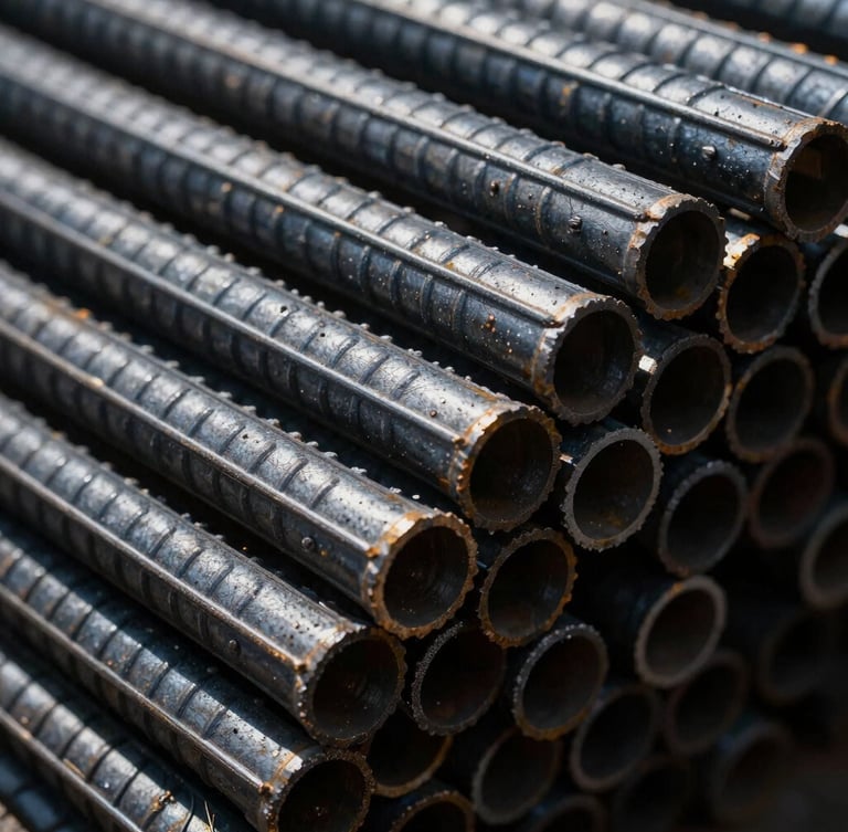 Extreme macro close-up of stacked heavy-gauge structural steel reinforcement bars, cold metallic tones, dramatic side-lighting with deep shadows, sharp industrial textures