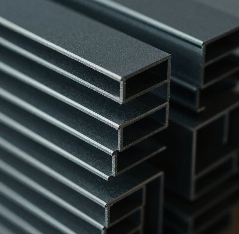 Extreme close-up of dark grey extruded PVC profiles stacked in geometric patterns under low-key dramatic side-lighting, cold metallic tones, 35mm