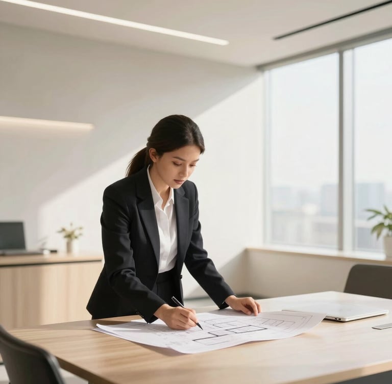 Professional real estate advisor analyzing architectural plans in a bright, modern Noida office, minimalist aesthetic, warm desaturated tones