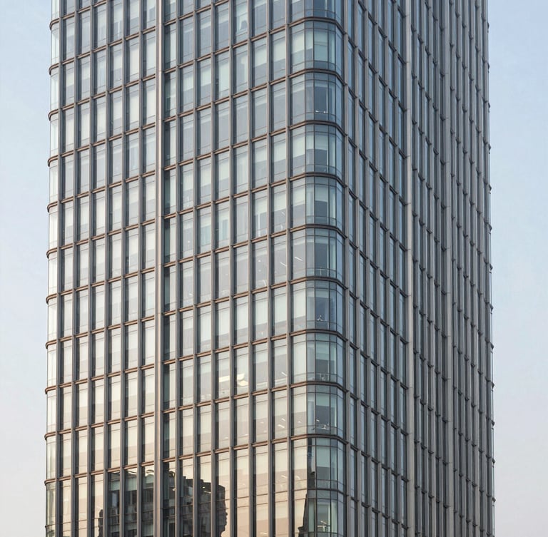 Architectural elevation of a modern steel and glass skyscraper in Noida, crisp daylight, sharp geometric lines, premium architectural photography