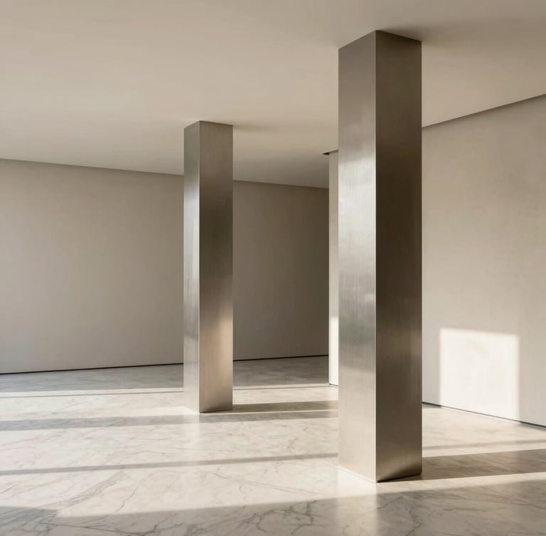 Refined minimalist interior with natural light casting soft shadows on marble floors and steel columns, premium architectural photography