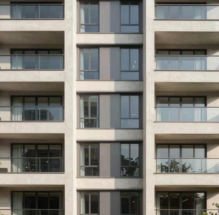 Symmetric architectural close-up of a premium modern development in Noida, clean concrete and glass facade, bright natural daylight, 35mm lens