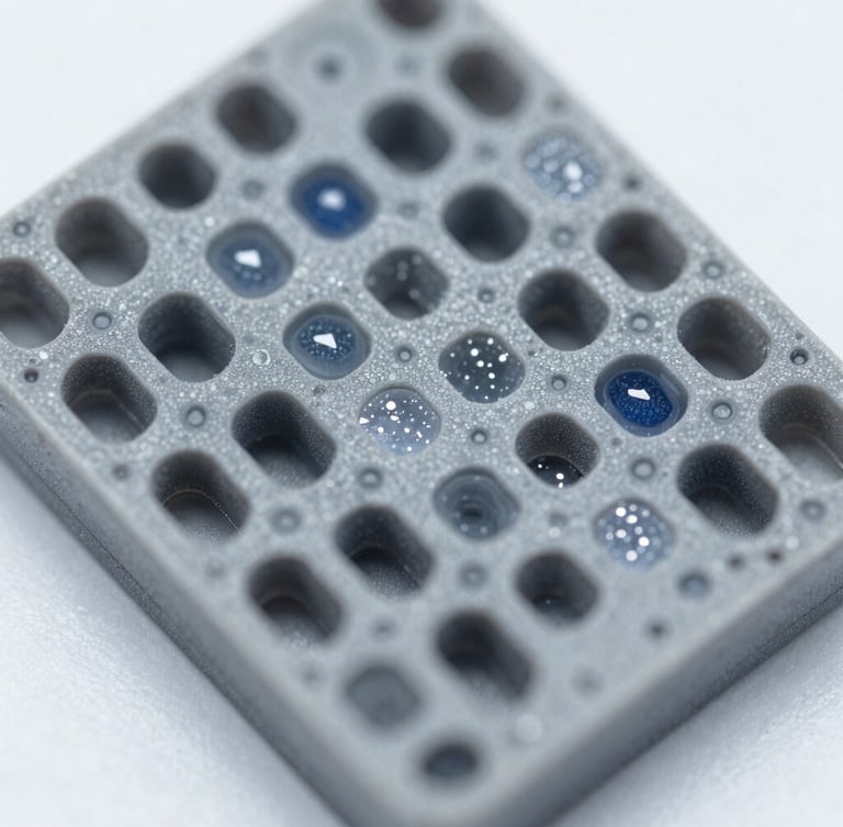 Extreme macro clinical laboratory photography, high-magnification electron microscope scan of structured nanomaterial lattice, cool white lighting, metallic gray tones.