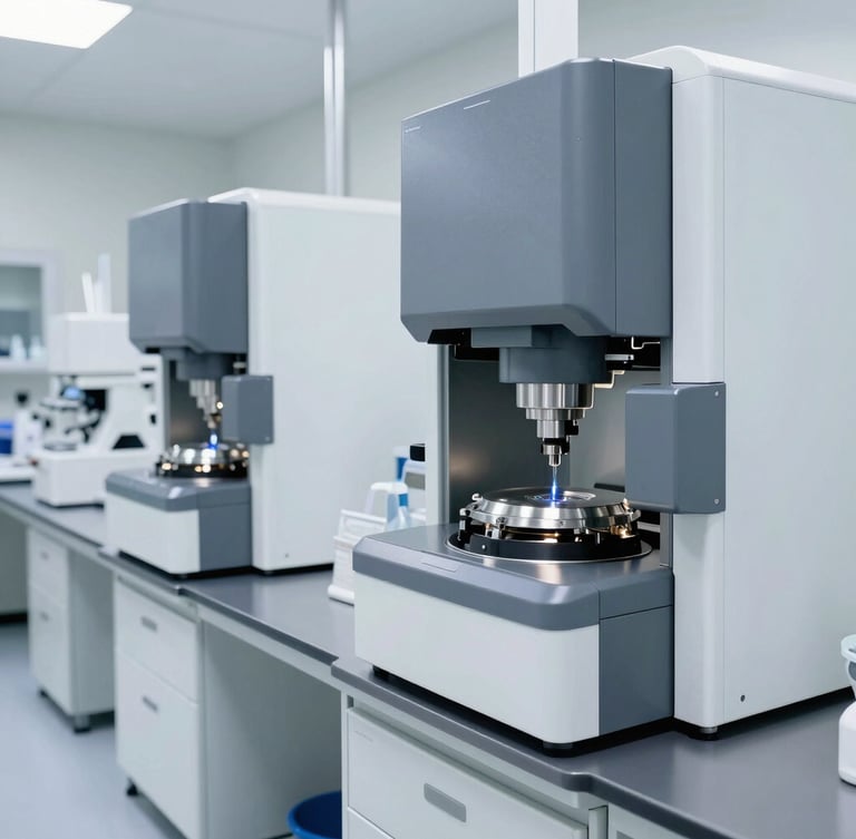 Wide-angle clinical laboratory environment in Pleasant Grove, showing sterile cleanroom apparatus, automated synthesis chambers, and precise gray and white metallic surfaces.