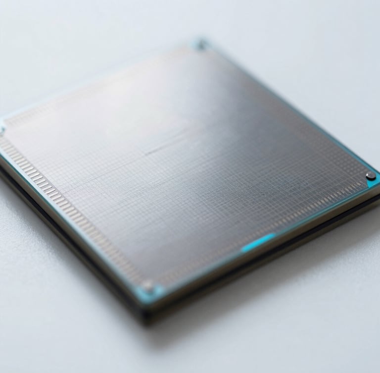 Extreme macro close-up of a silicon wafer under cool clinical white laboratory lighting with subtle metallic reflections and crystal tech blue highlights.