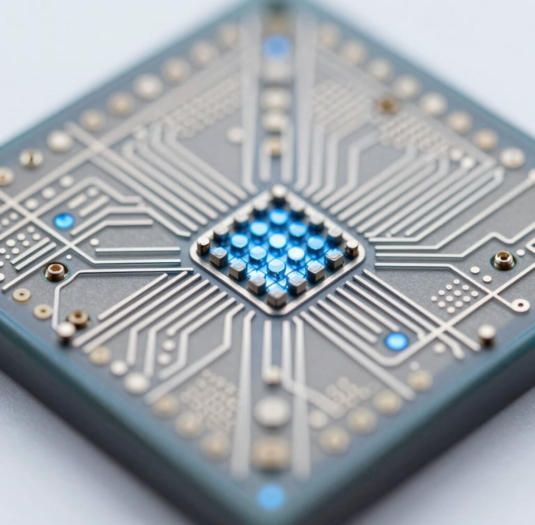 Extreme macro photography of a silicon micro-sensor array under cool white laboratory lighting, showing precise metallic pathways and crystal blue reflections, clinical depth of field.