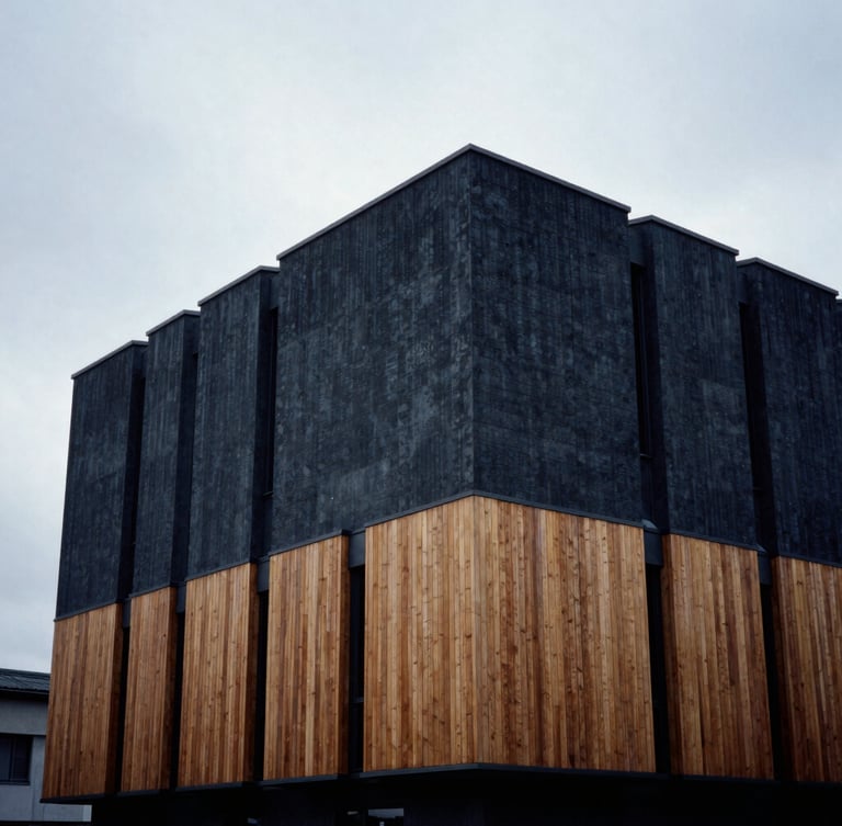 Monolithic modern concrete and timber building facade against a moody overcast sky, high contrast, sharp architectural lines, 35mm film grain