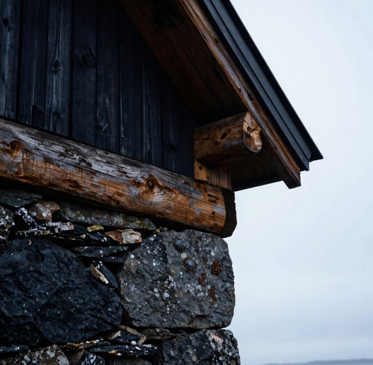 Extreme close-up of weathered dark stone and raw timber joints, overcast Nordic daylight, high contrast architectural textures