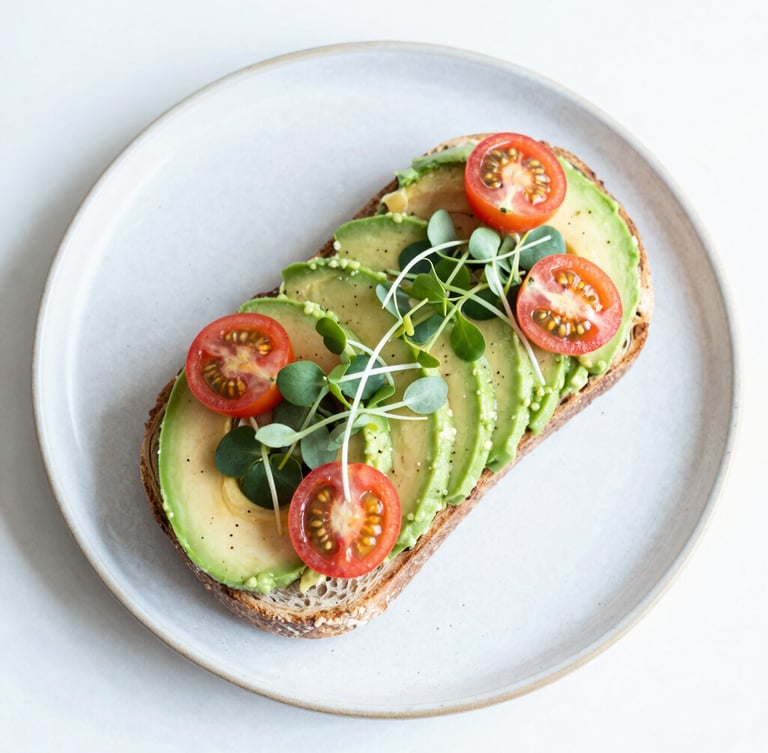 Overhead flat-lay of a vibrant and colorful avocado toast with fresh cherry tomatoes and microgreens on a rustic plate, bright high-key natural daylight, saturated mint and coral tones, shallow depth of field