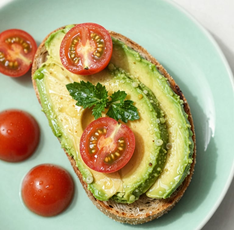 Overhead flat-lay of a vibrant avocado toast with cherry tomatoes and fresh herbs on a mint green plate, bright natural daylight, wet texture, macro lens