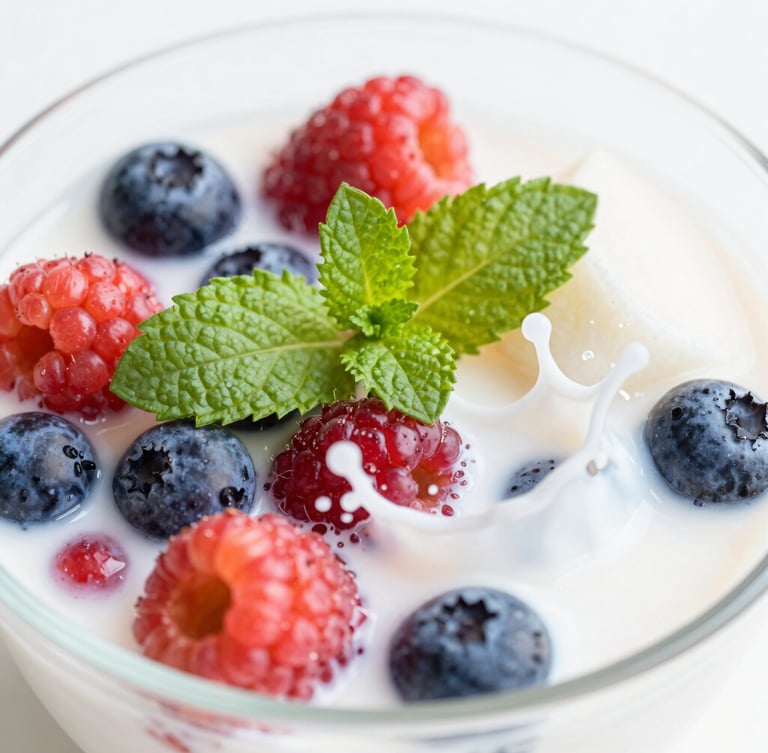Close-up of a colorful fruit bowl with fresh berries, mint leaves, and a splash of coconut water, high-key natural light, vibrant coral accents, fresh and appetizing