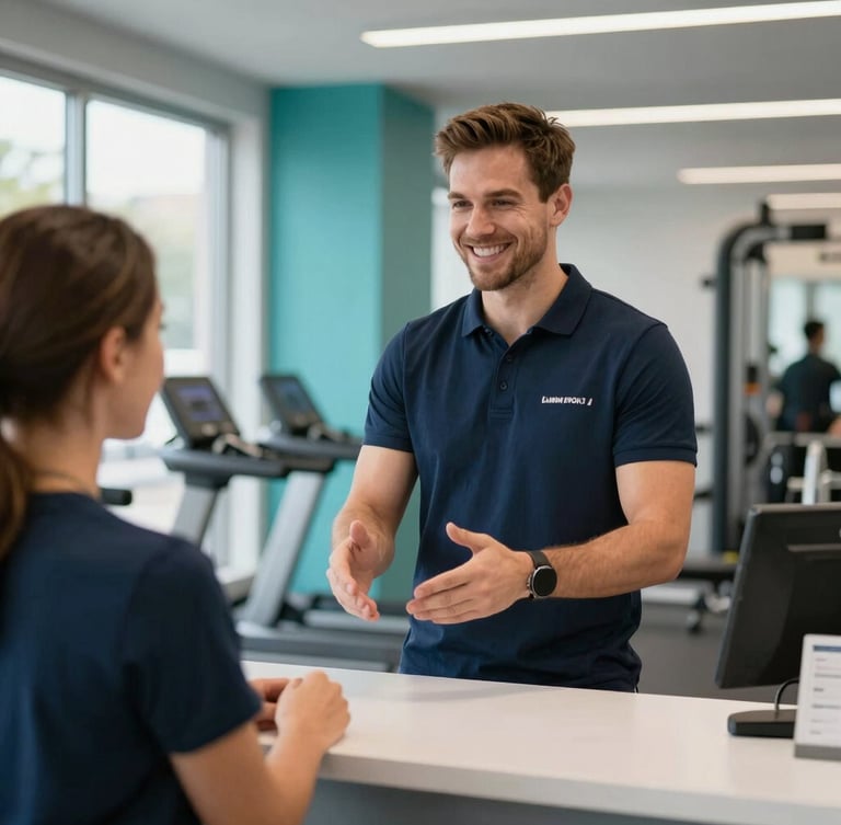 A cheerful local gym owner greeting a client at the front desk, bright natural ambient lighting, professional and clean environment.