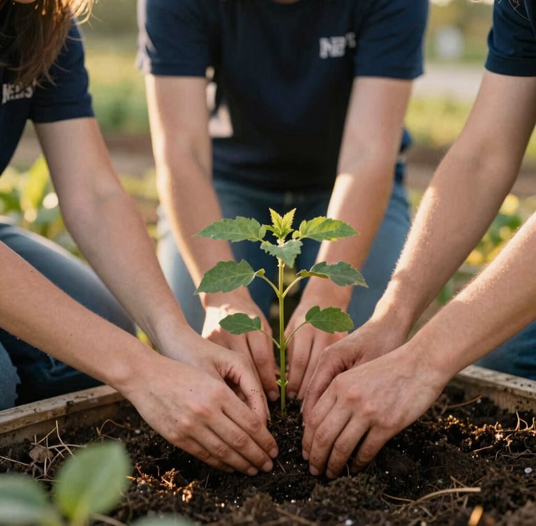 Candid environmental photo of volunteers building a community garden, warm golden-hour light, rich navy and gold undertones, focused on hands planting a sapling, 35mm film look.
