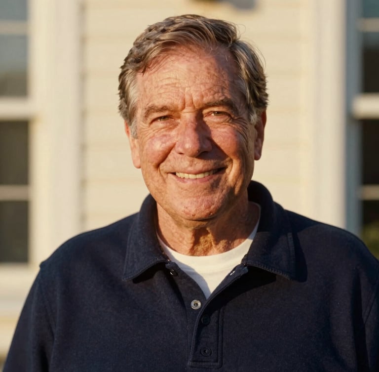 A warm environmental portrait of Al Horton, a distinguished gentleman with a kind smile, captured in natural golden-hour daylight, soft background, 35mm film look.