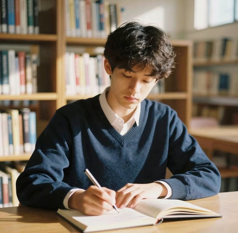 A warm editorial photograph of a young adult scholarship recipient studying in a sunlit university library, shallow depth of field, 35mm film look.